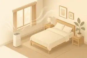 Bedroom air purifier near a closed window