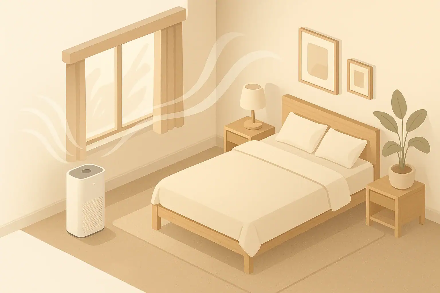 Bedroom air purifier near a closed window