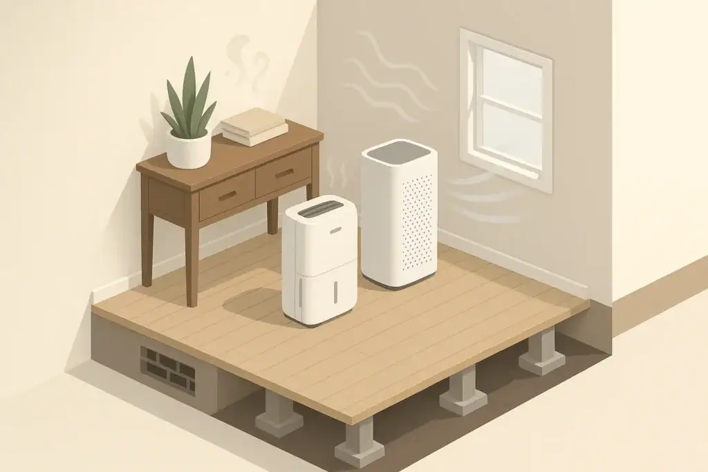 Dehumidifier and purifier near a tidy crawl space
