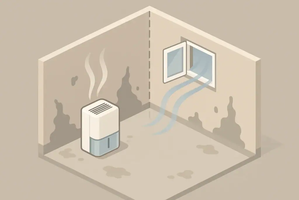 Dehumidifier and ventilation scene in a basement