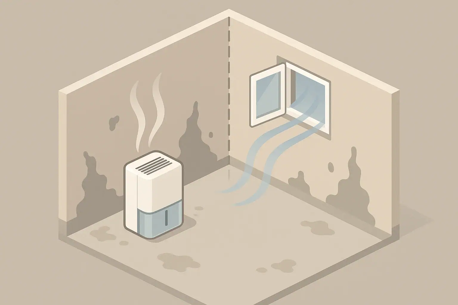 Dehumidifier and ventilation scene in a basement