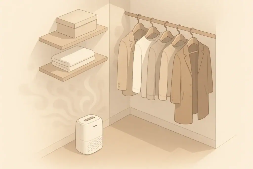 Closet corner with small dehumidifier and hanging clothes