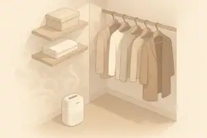 Closet corner with small dehumidifier and hanging clothes