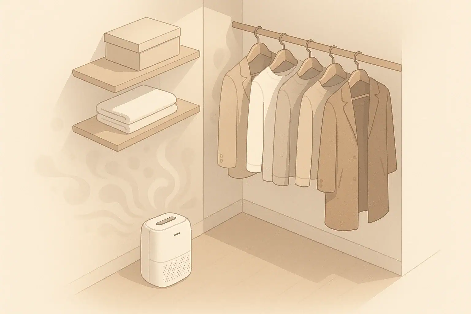 Closet corner with small dehumidifier and hanging clothes