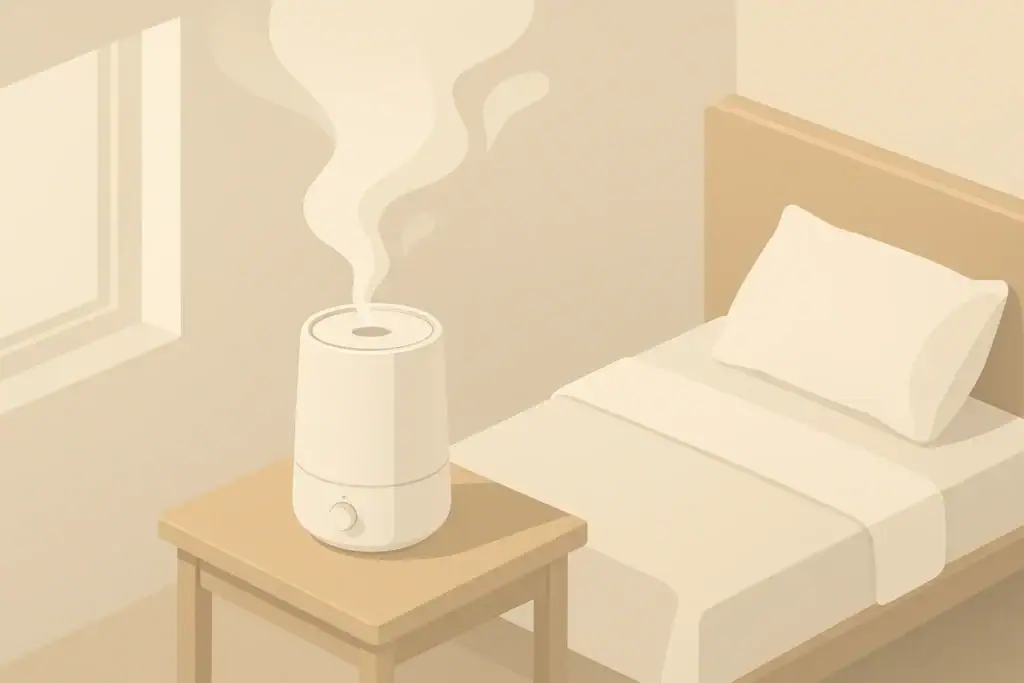 Generic humidifier releasing gentle mist in a bedroom