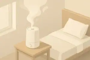 Generic humidifier releasing gentle mist in a bedroom