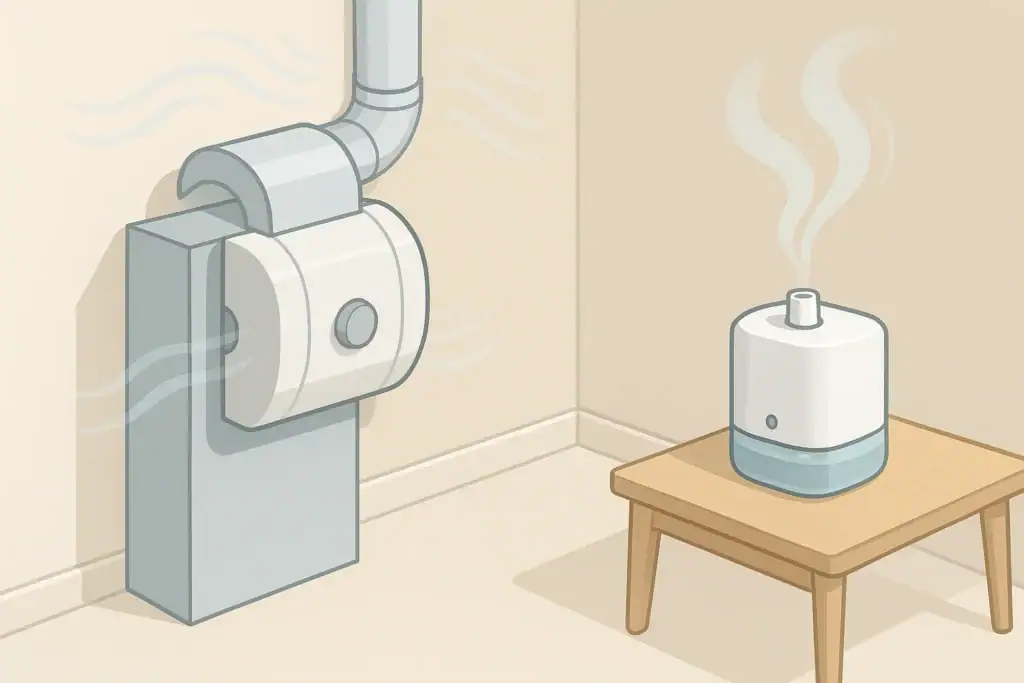 Whole-house and portable humidifiers in a neutral room