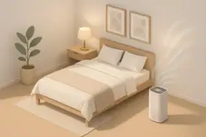 Calm bedroom with purifier and clean linens