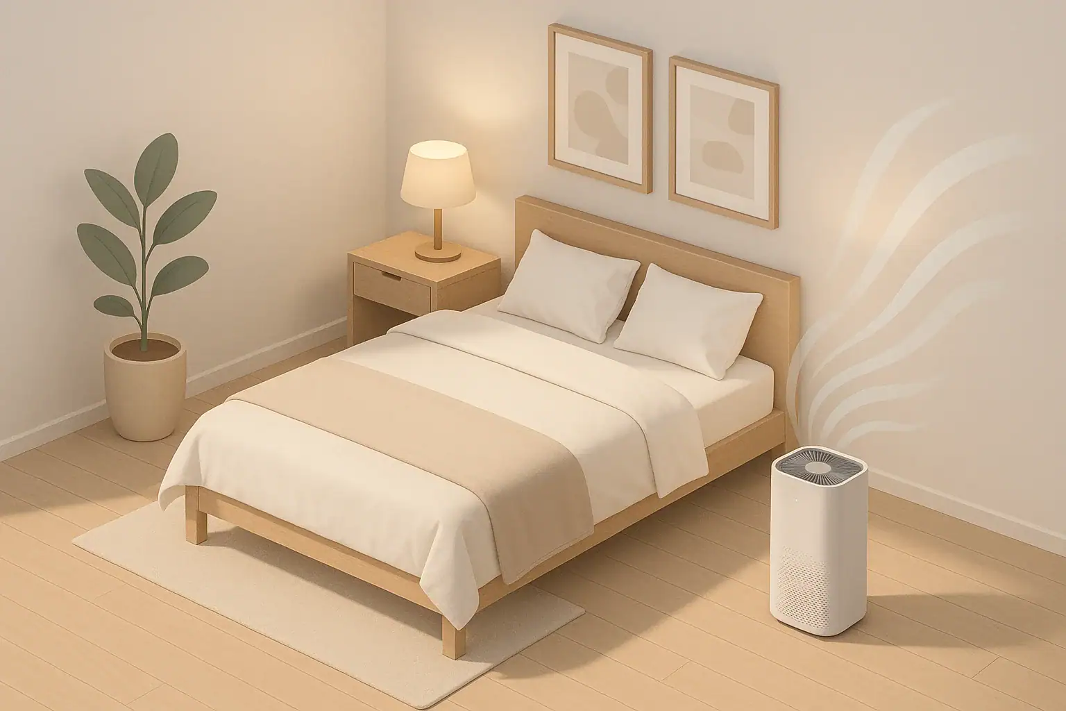 Calm bedroom with purifier and clean linens