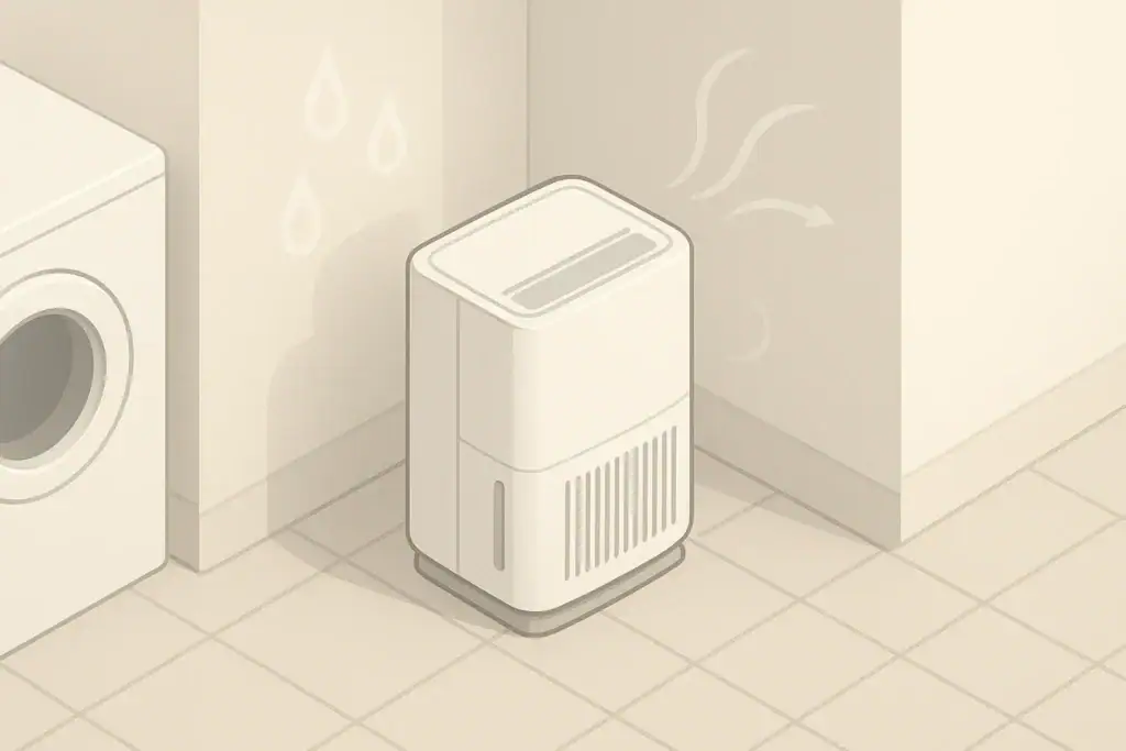 Generic dehumidifier in a tidy laundry corner