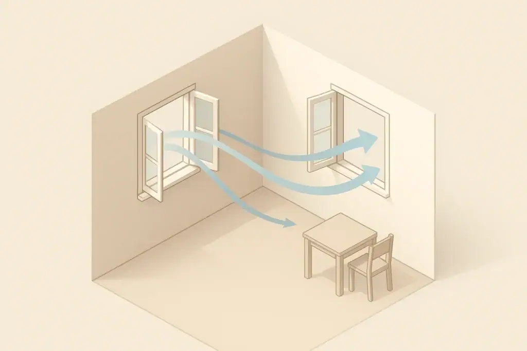 Open windows showing airflow through a tidy room