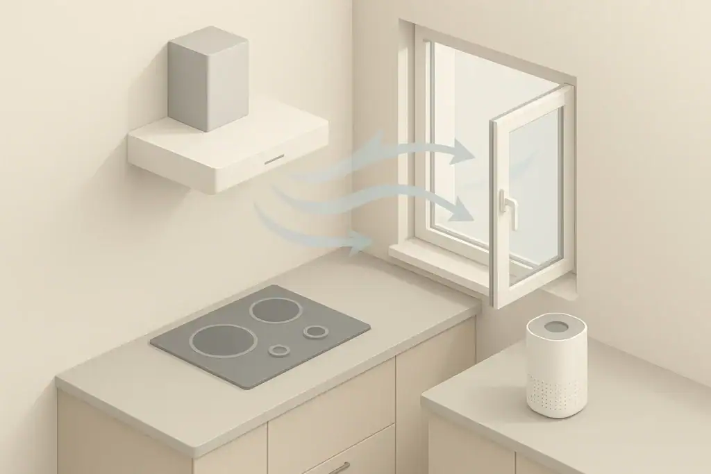 Isometric kitchen window ventilation with abstract airflow