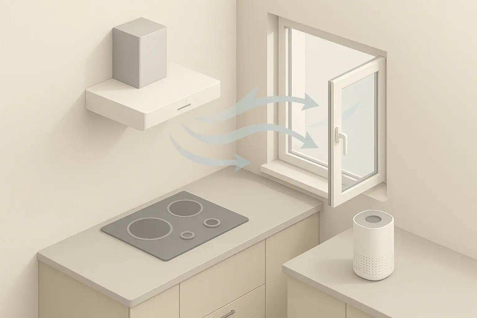 Isometric kitchen window ventilation with abstract airflow