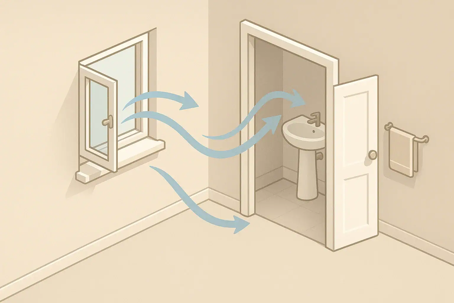 Isometric bathroom ventilation airflow scene