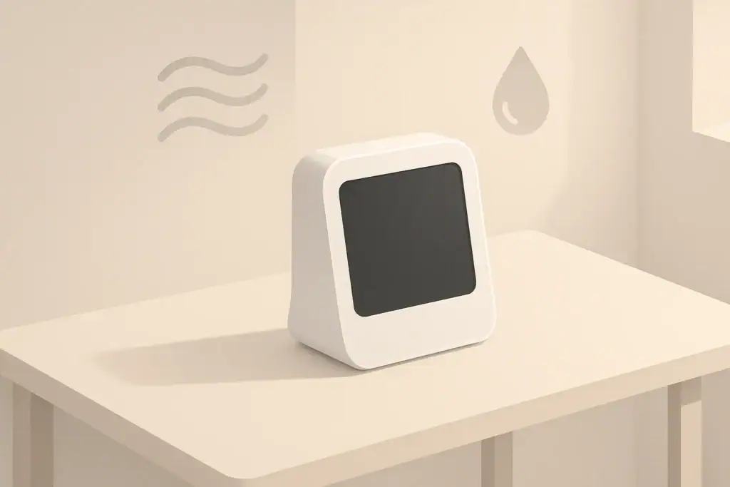 Blank air quality monitor on a tidy desk