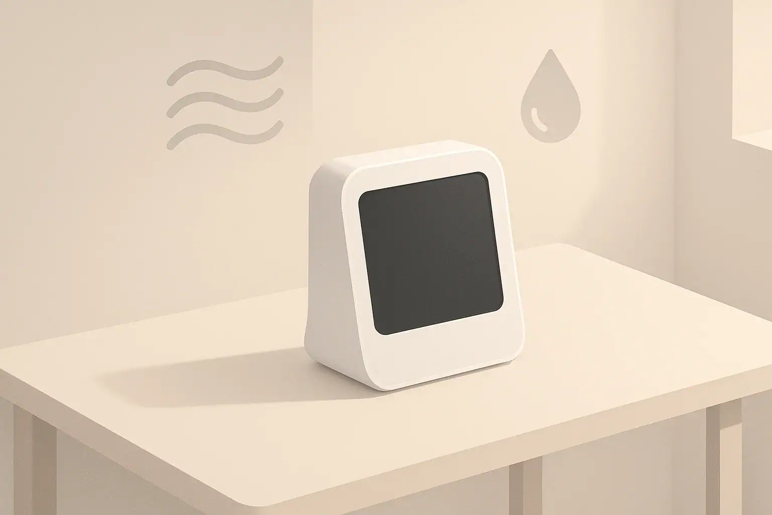 Blank air quality monitor on a tidy desk