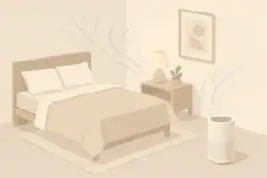 Calm bedroom with purifier and clean linens