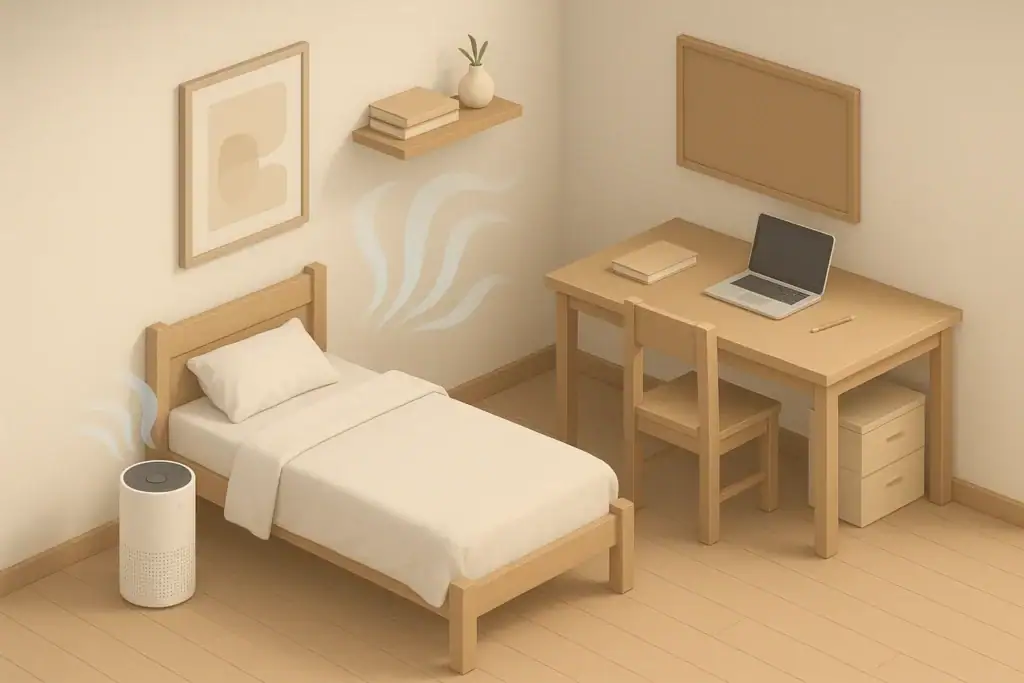 Calm dorm bedroom with purifier and clean linens
