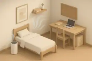 Calm dorm bedroom with purifier and clean linens