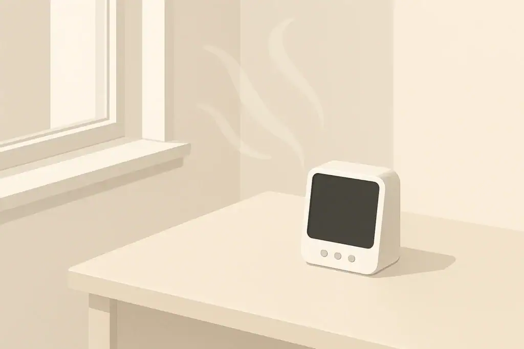 Blank air quality monitor near a closed window