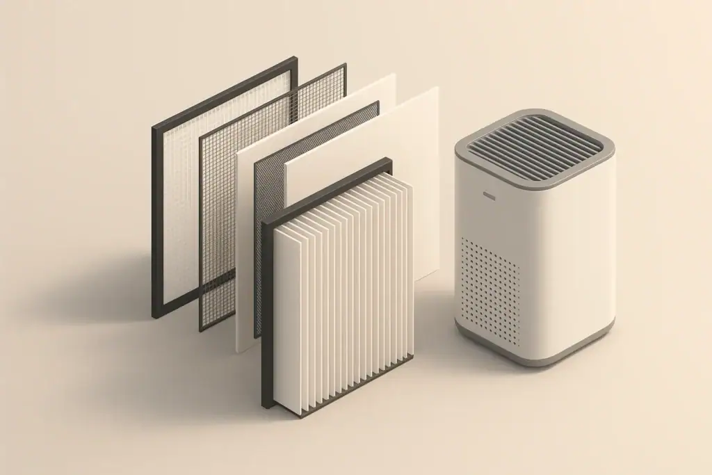 Layered pre-filter media beside a generic purifier