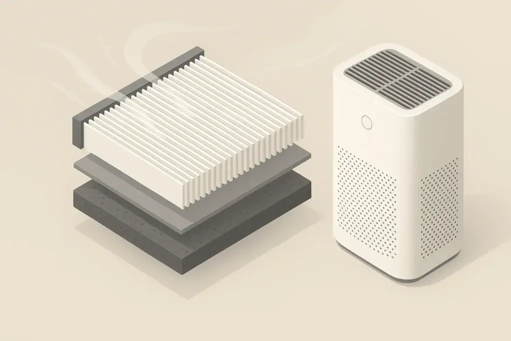 Layered HEPA filter media beside a generic purifier