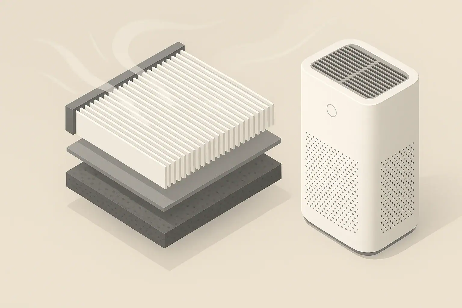 Layered HEPA filter media beside a generic purifier