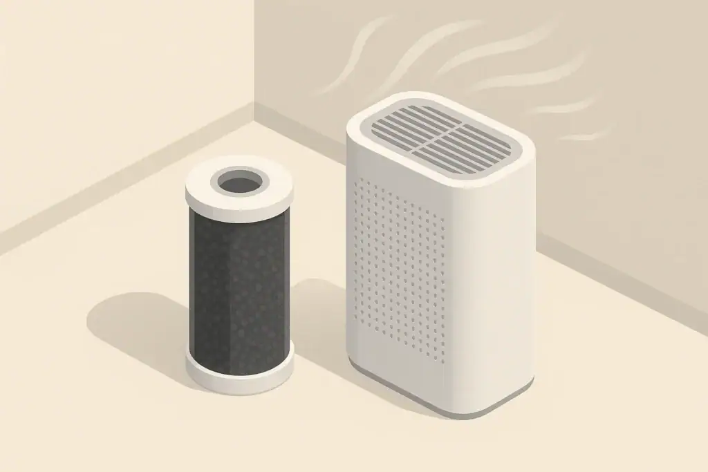 Activated carbon filter cartridge beside a purifier
