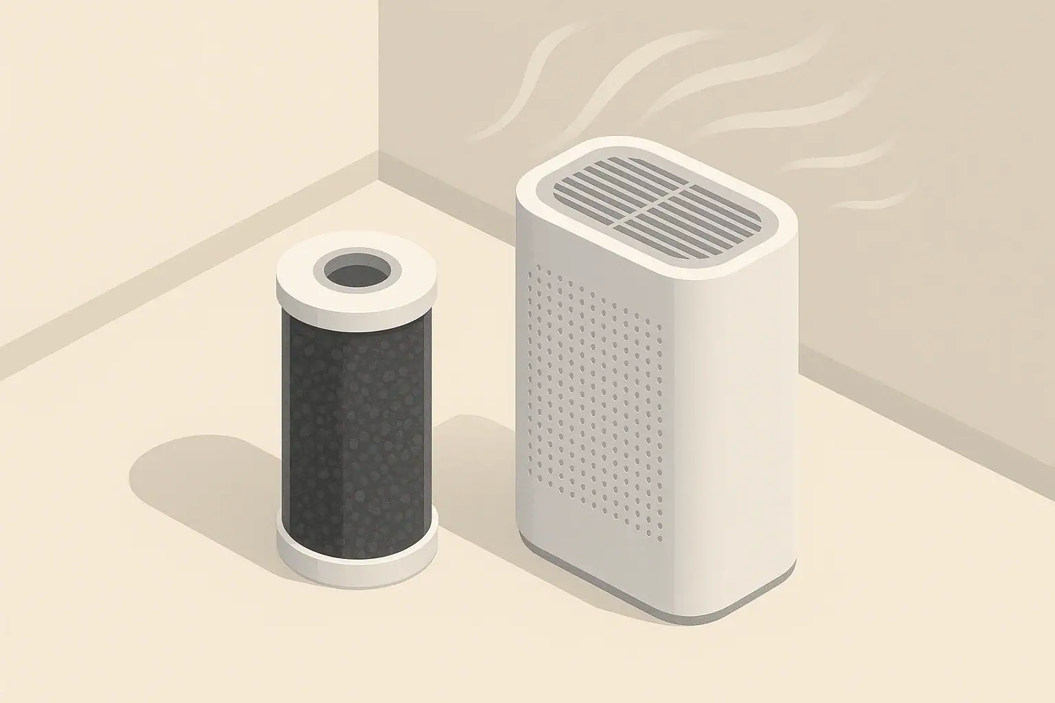 Activated carbon filter cartridge beside a purifier