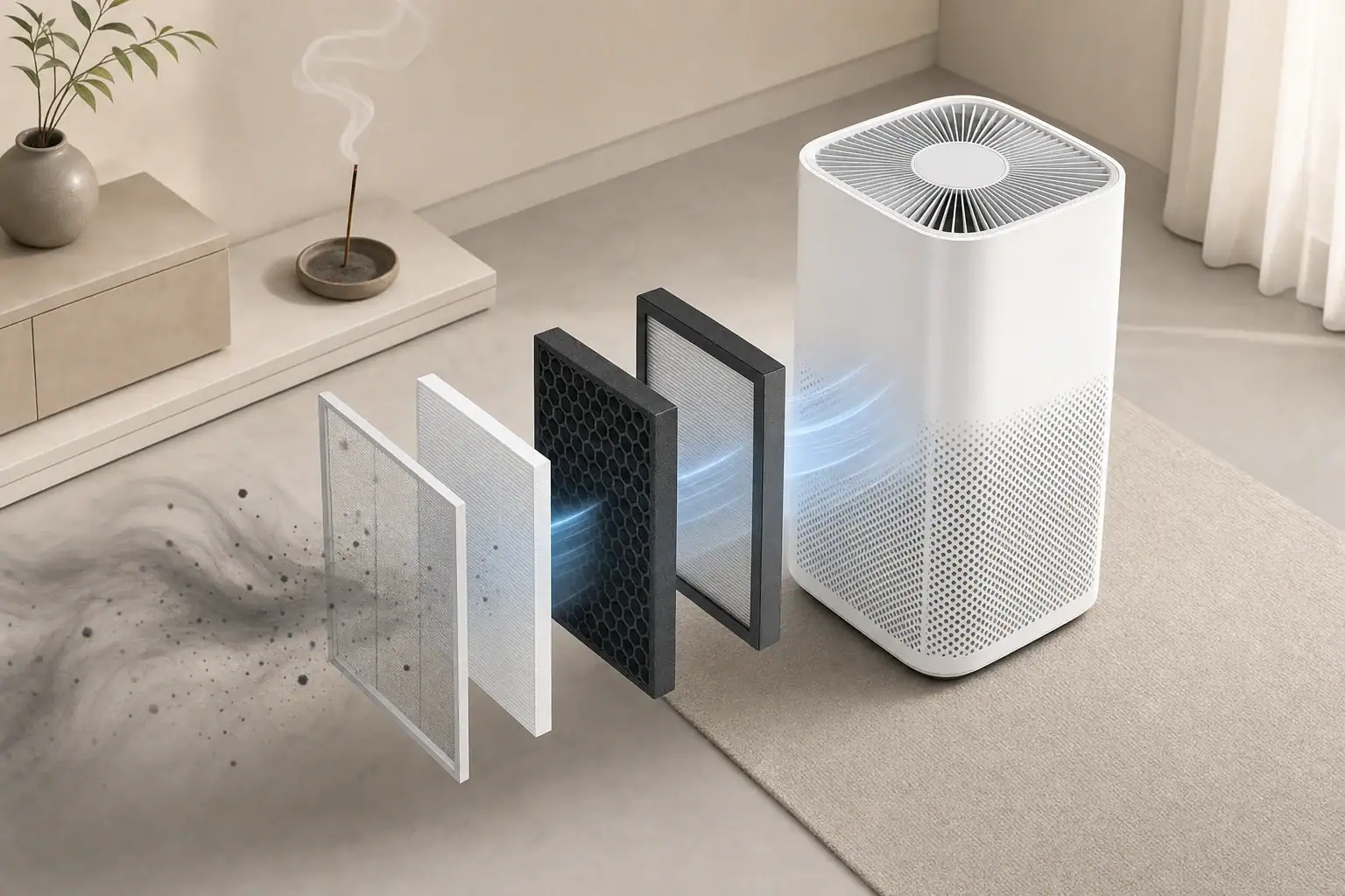 Air purifier filtering particles and odors from incense smoke