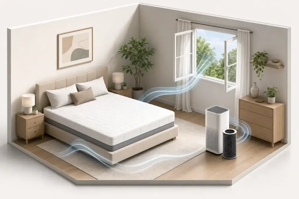 New mattress airing beside a carbon filter purifier