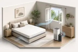 New mattress airing beside a carbon filter purifier
