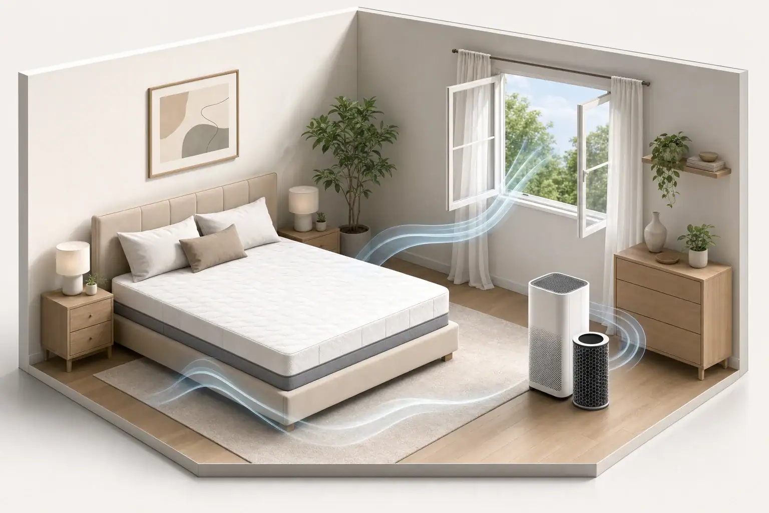 New mattress airing beside a carbon filter purifier