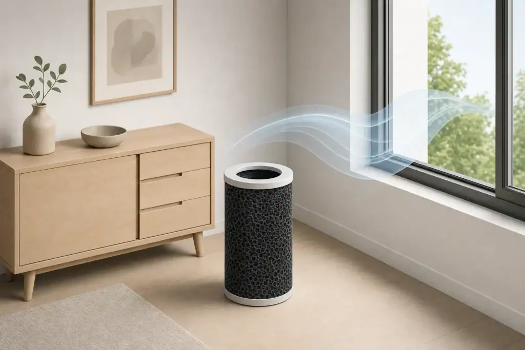 Carbon filter near composite wood furniture and open window