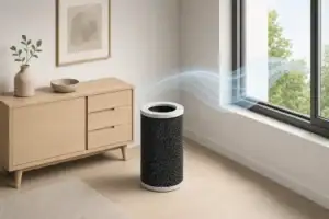 Carbon filter near composite wood furniture and open window