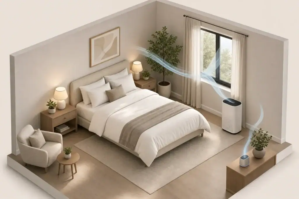 Tidy bedroom with purifier and clean covered bedding
