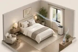 Tidy bedroom with purifier and clean covered bedding