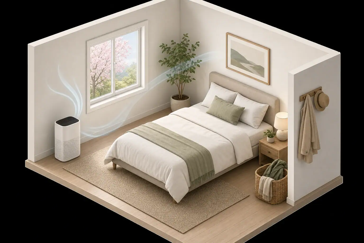 Calm bedroom with purifier and neatly contained outdoor pollen