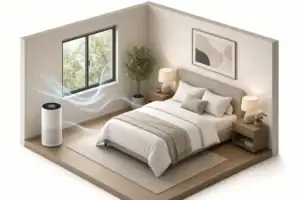 Calm bedroom with air purifier and clean linens