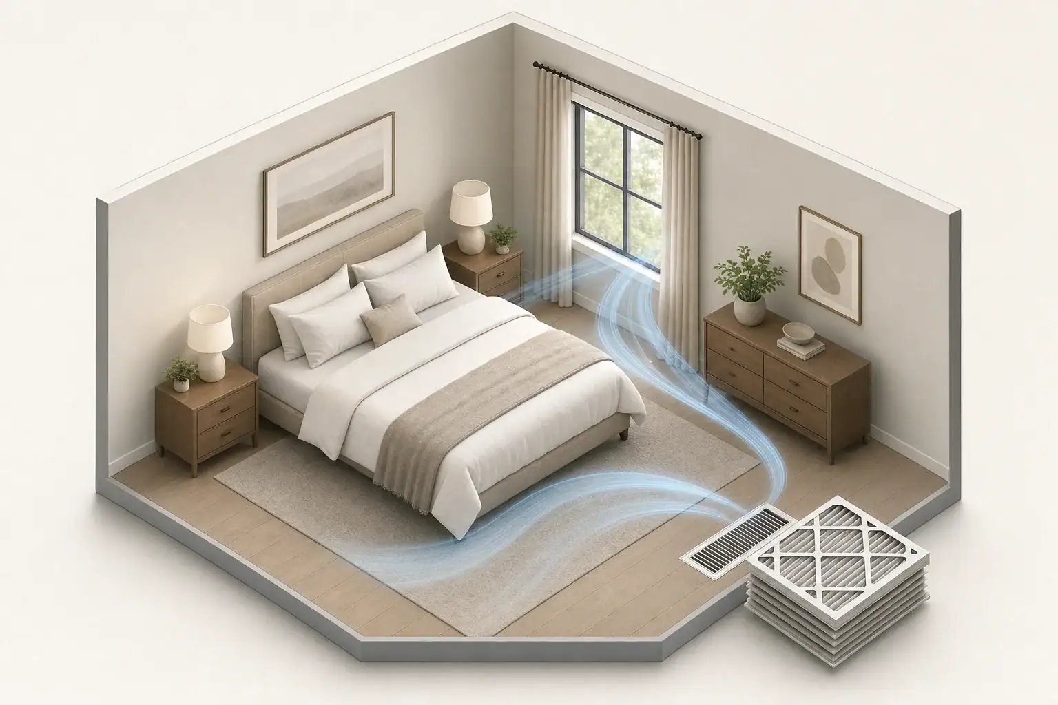 Bedroom HVAC filter upgrade with gentle airflow