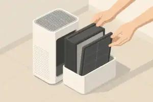 Generic air purifier filter being removed for replacement