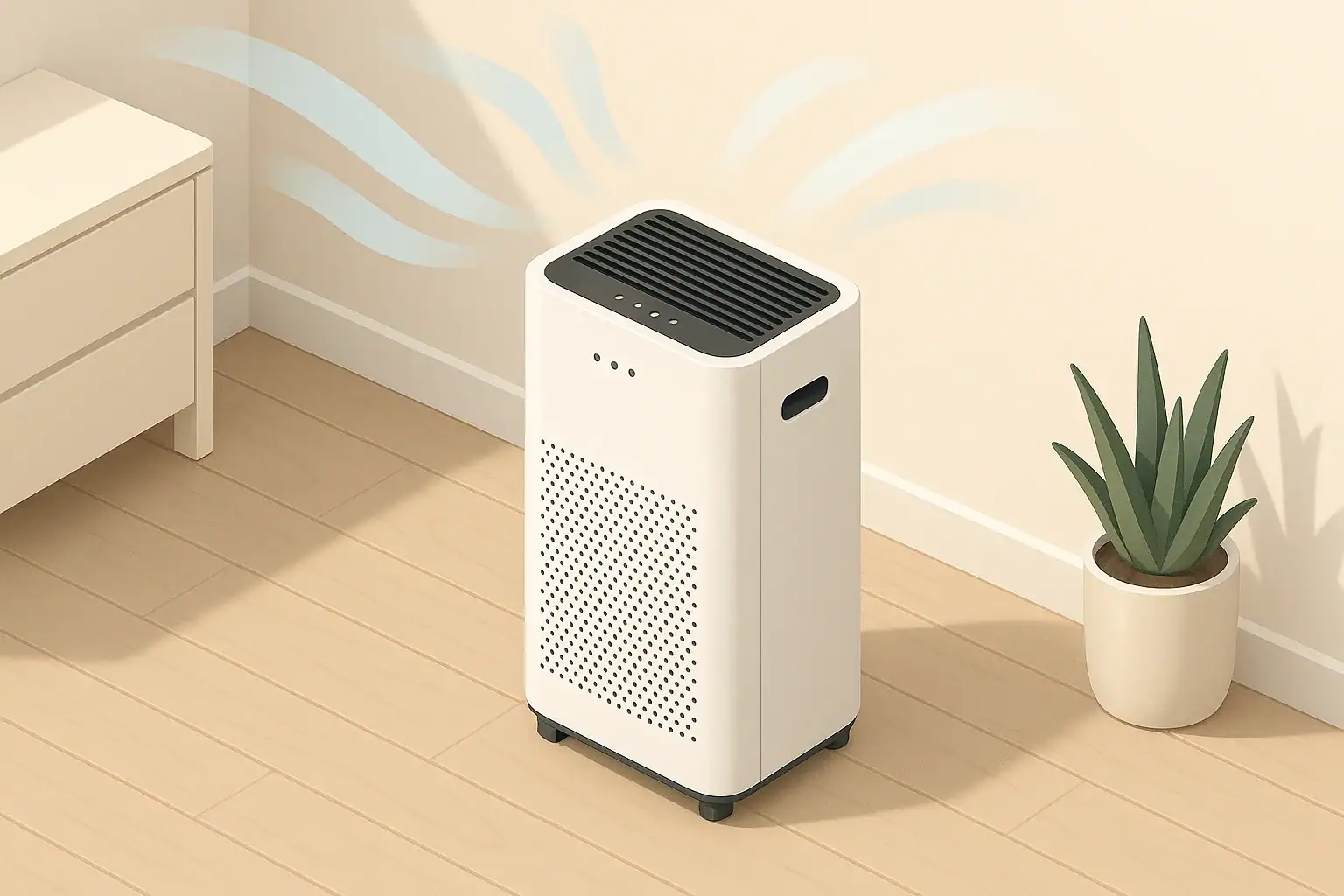 Generic purifier in tidy room with soft airflow