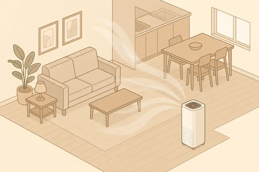 Generic purifier in open living room with airflow