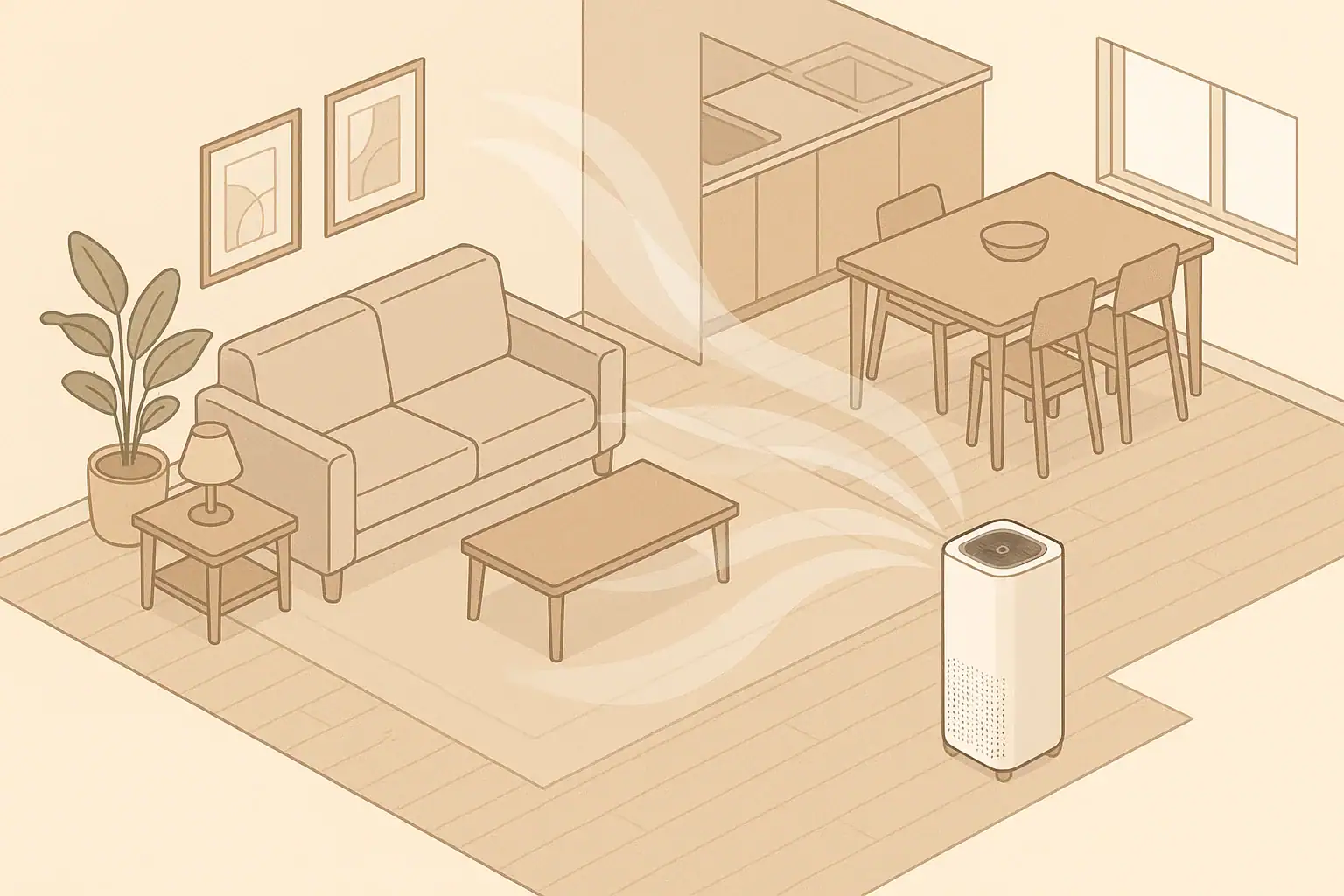 Generic purifier in open living room with airflow