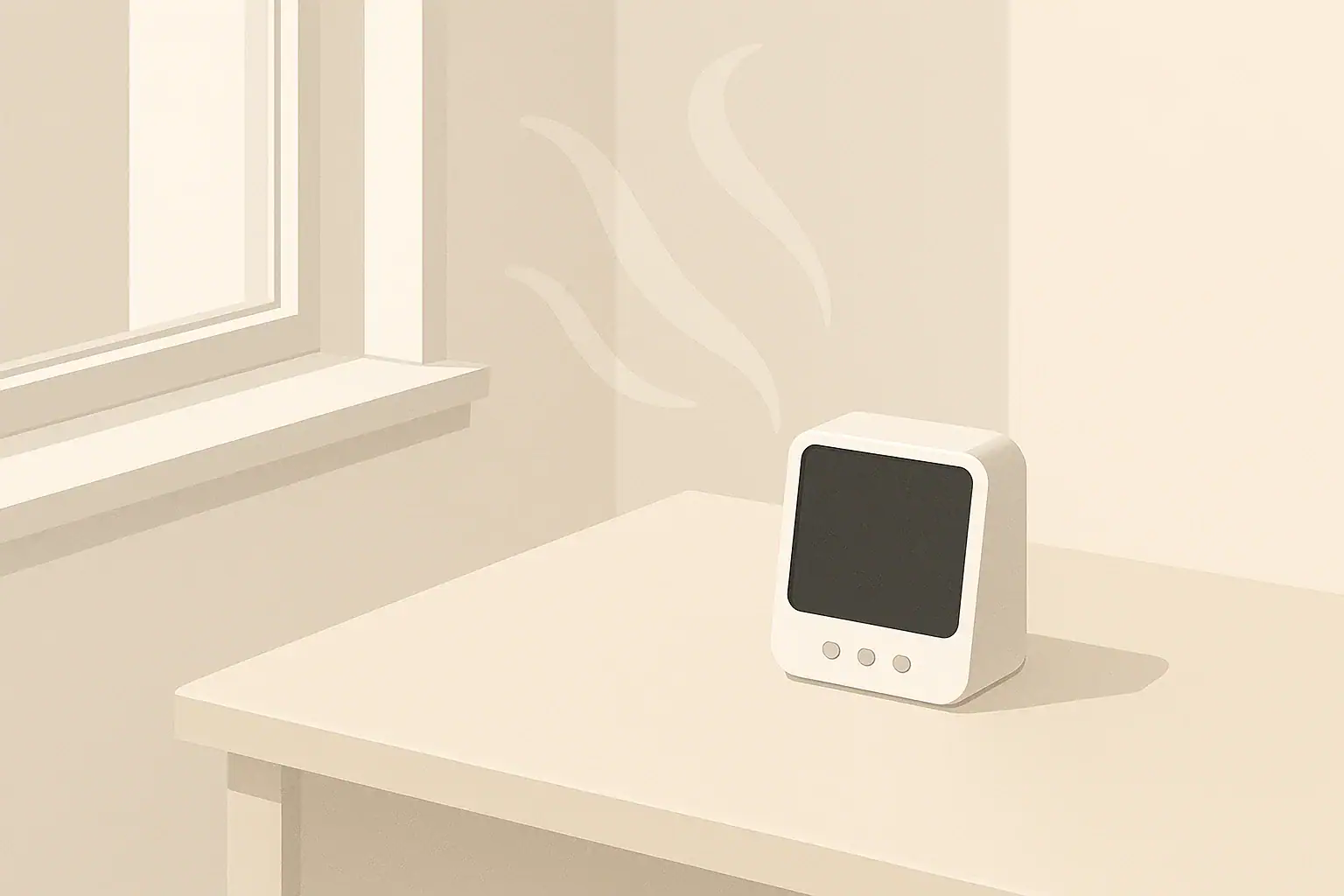 Blank air quality monitor near a closed window