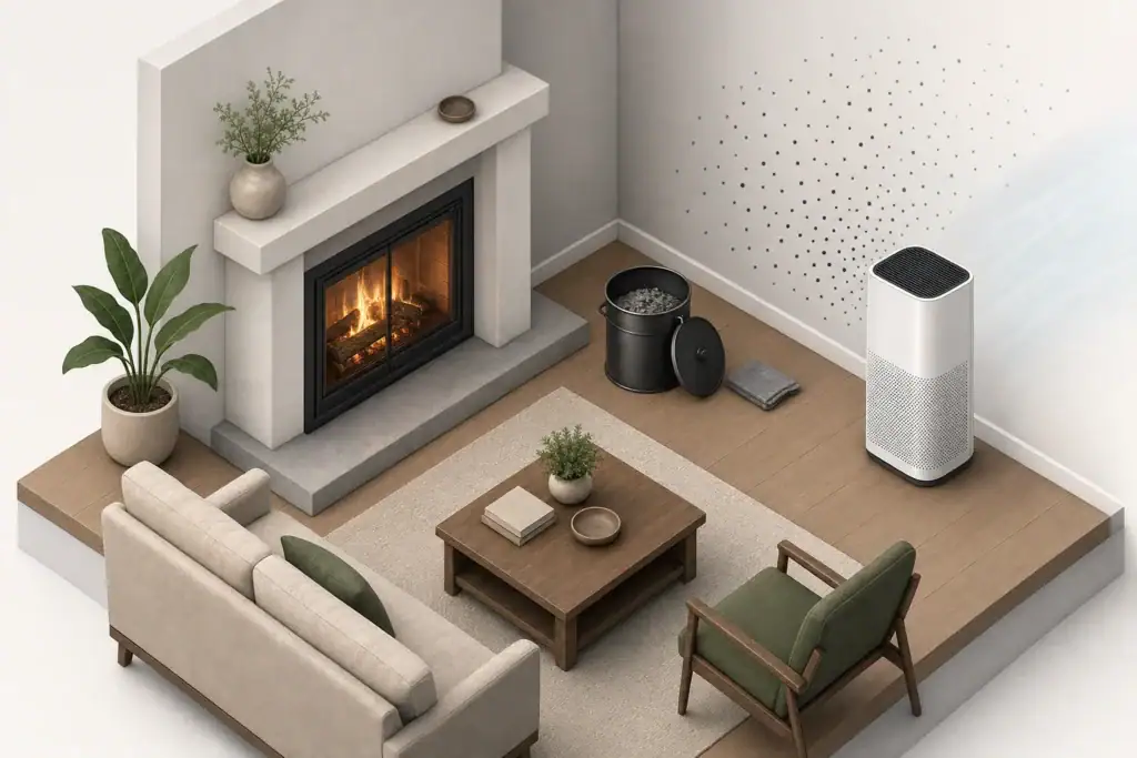 Fireplace ash particles fading near an air purifier