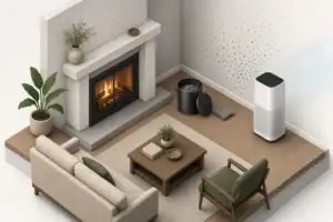 Fireplace ash particles fading near an air purifier