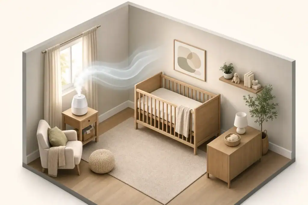 Humidifier placed safely away from a baby crib