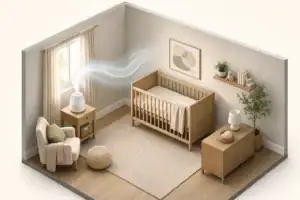 Humidifier placed safely away from a baby crib