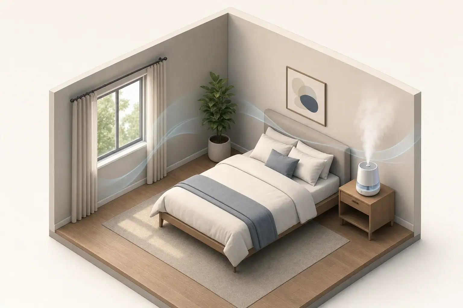 Humidifier producing gentle mist beside a tidy bed